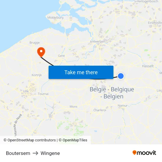 Boutersem to Wingene map