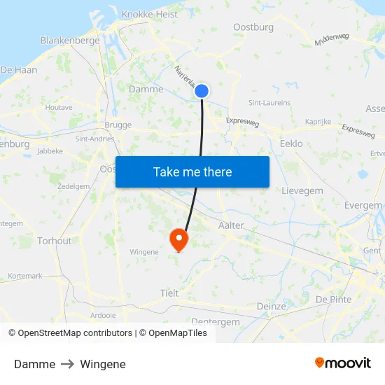 Damme to Wingene map