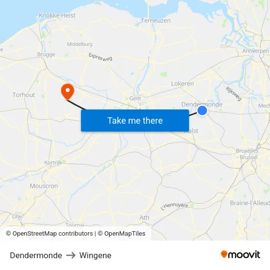 Dendermonde to Wingene map