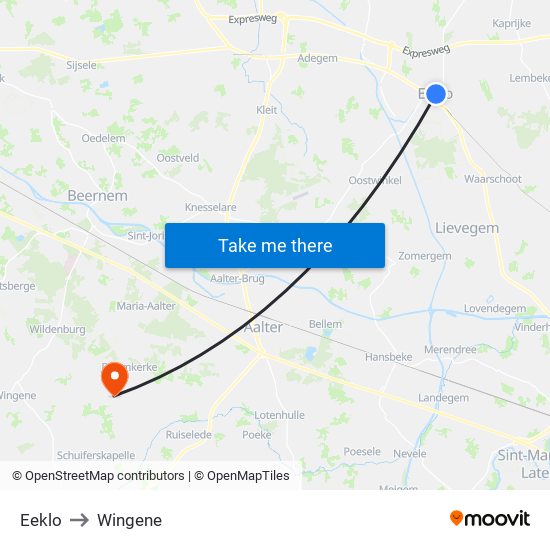 Eeklo to Wingene map