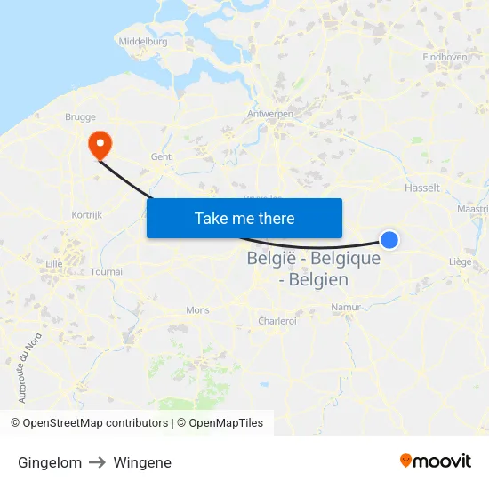 Gingelom to Wingene map