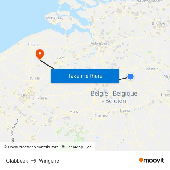 Glabbeek to Wingene map