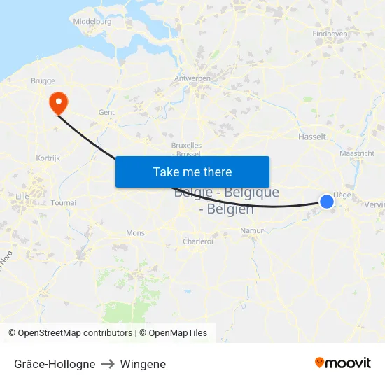 Grâce-Hollogne to Wingene map