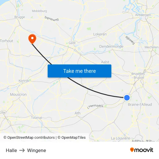Halle to Wingene map
