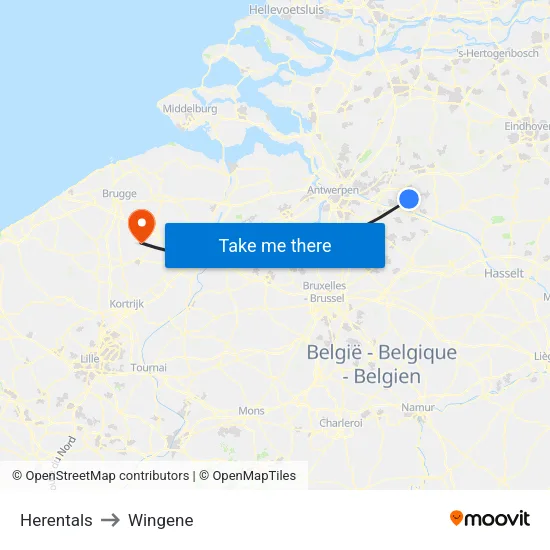 Herentals to Wingene map