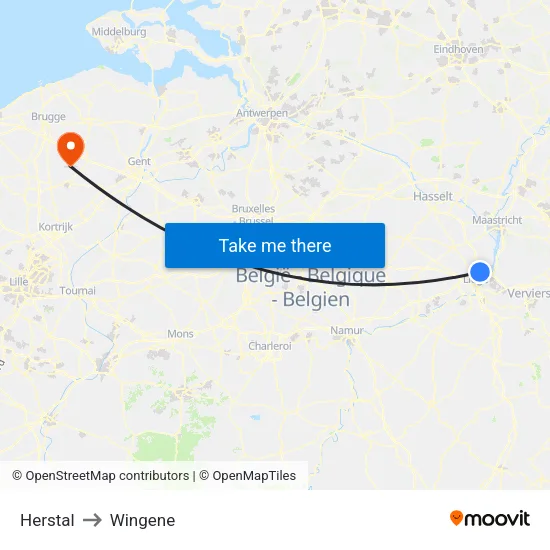 Herstal to Wingene map