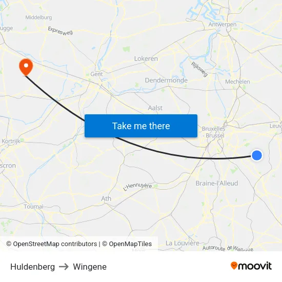 Huldenberg to Wingene map