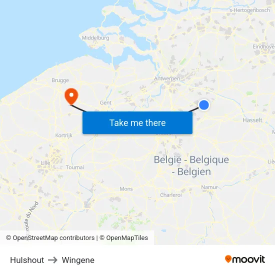 Hulshout to Wingene map