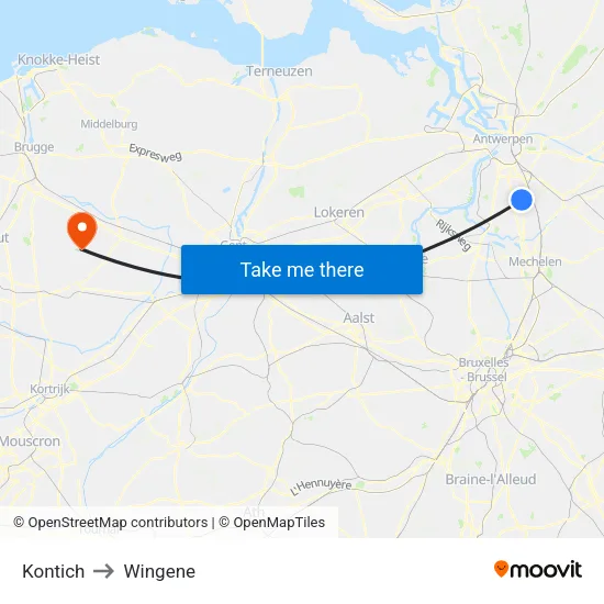 Kontich to Wingene map