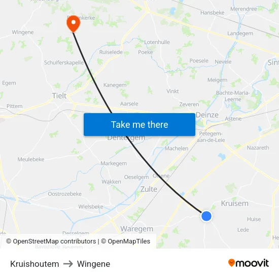 Kruishoutem to Wingene map