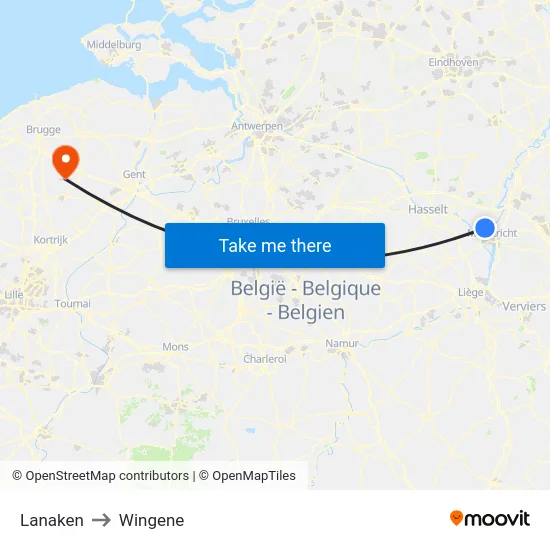 Lanaken to Wingene map