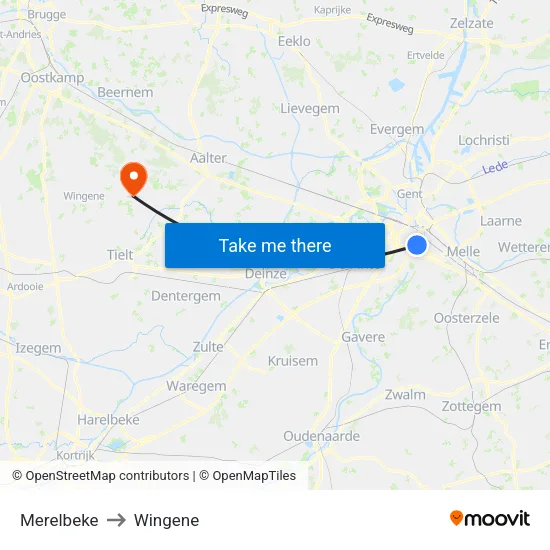 Merelbeke to Wingene map