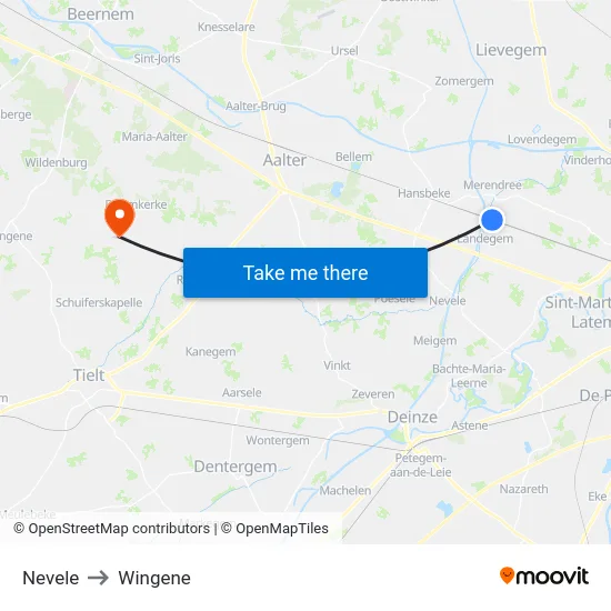 Nevele to Wingene map
