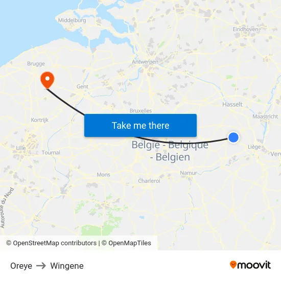 Oreye to Wingene map