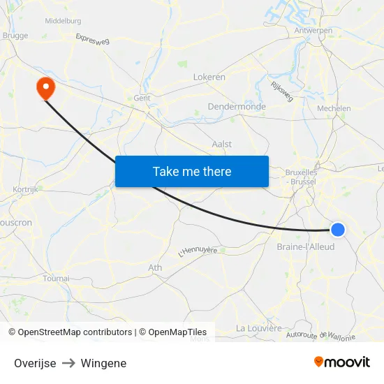 Overijse to Wingene map