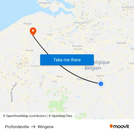 Profondeville to Wingene map