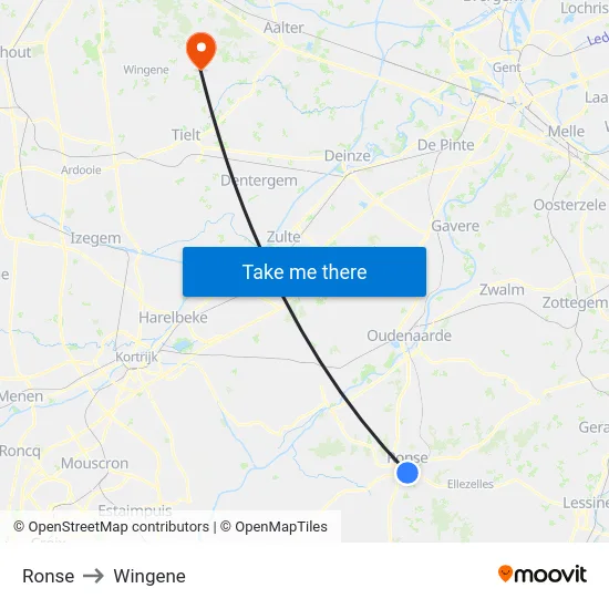 Ronse to Wingene map