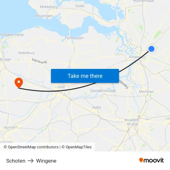 Schoten to Wingene map