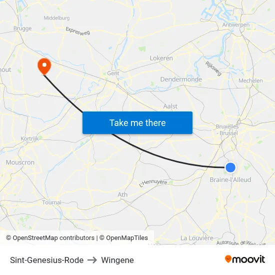 Sint-Genesius-Rode to Wingene map