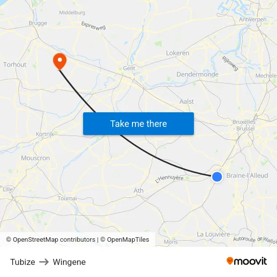 Tubize to Wingene map