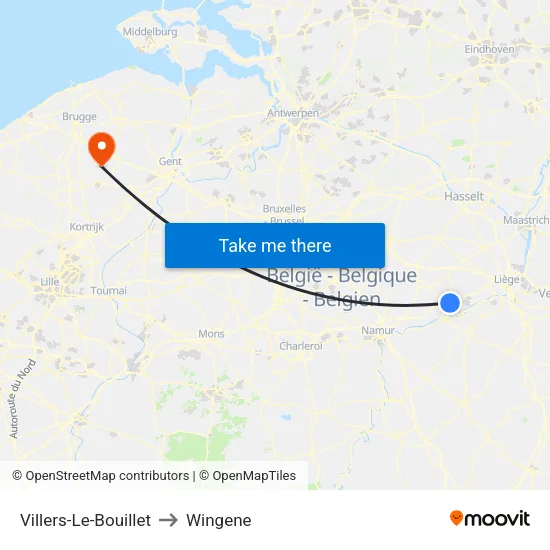 Villers-Le-Bouillet to Wingene map