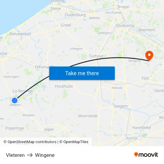 Vleteren to Wingene map
