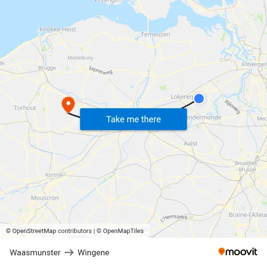 Waasmunster to Wingene map