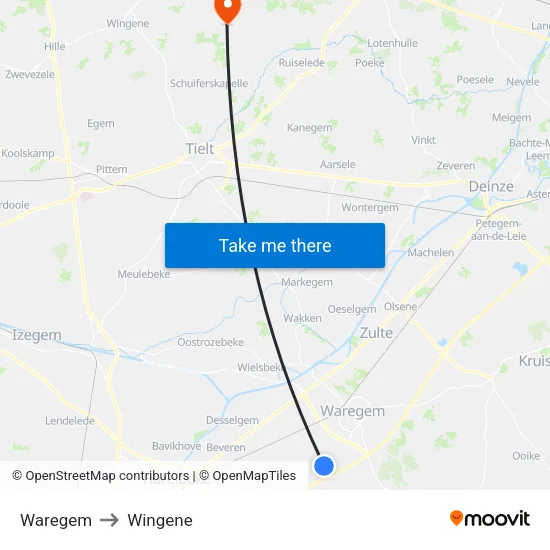 Waregem to Wingene map