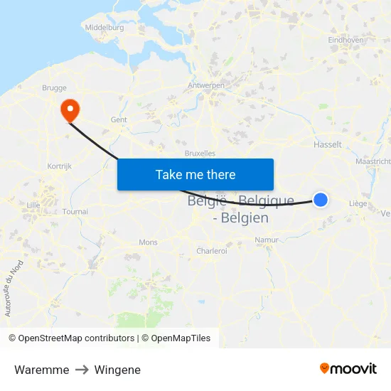 Waremme to Wingene map