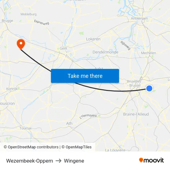 Wezembeek-Oppem to Wingene map