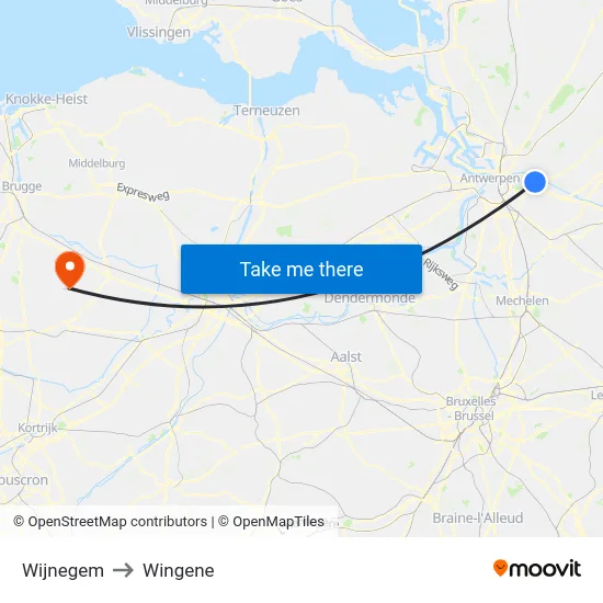 Wijnegem to Wingene map