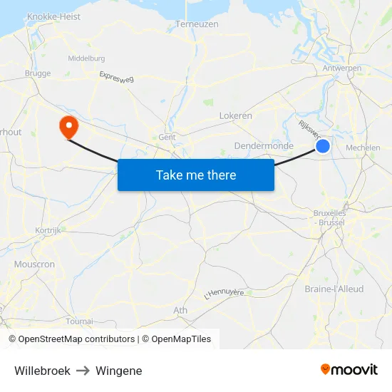 Willebroek to Wingene map