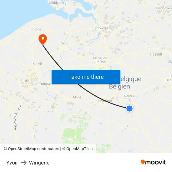 Yvoir to Wingene map