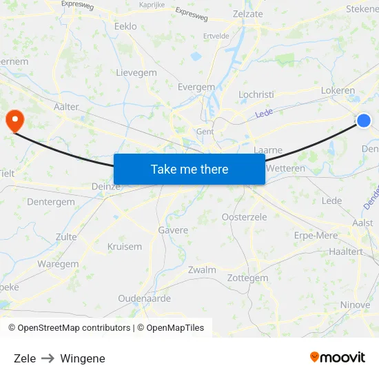 Zele to Wingene map
