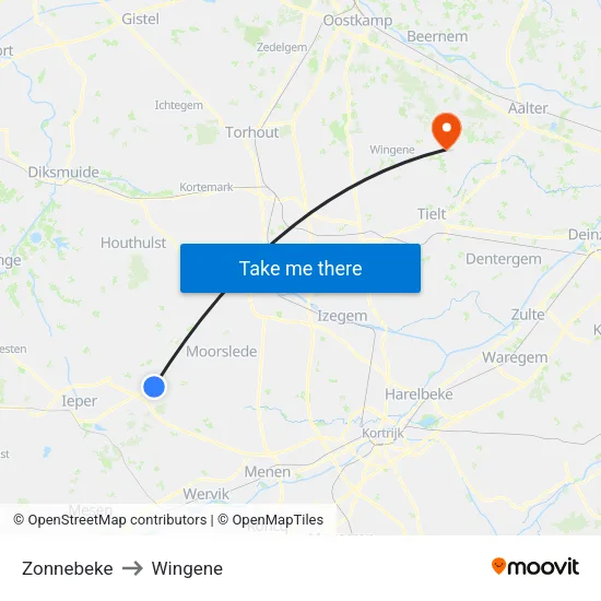 Zonnebeke to Wingene map