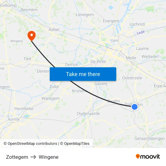 Zottegem to Wingene map