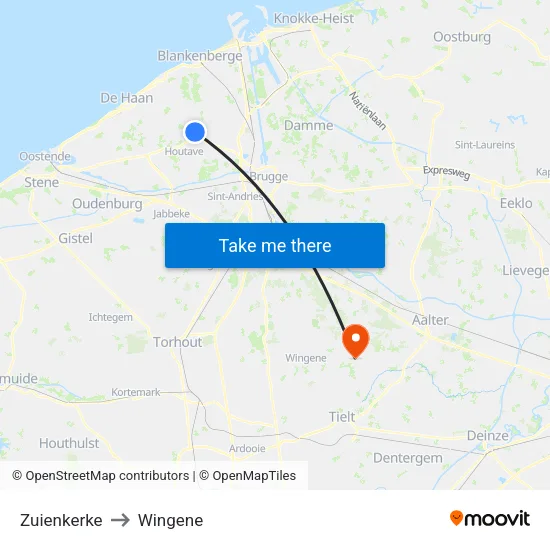 Zuienkerke to Wingene map