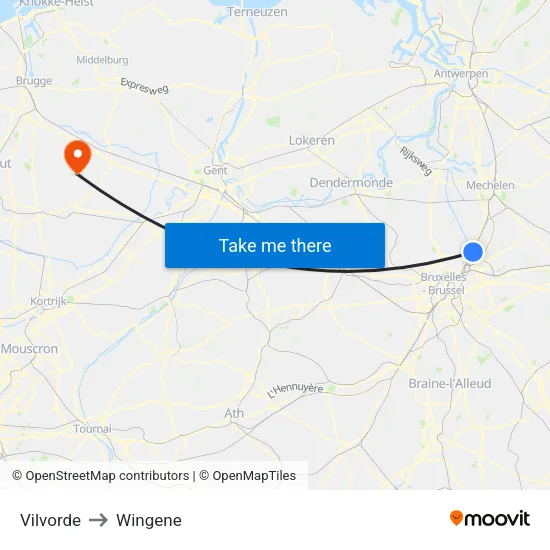 Vilvorde to Wingene map