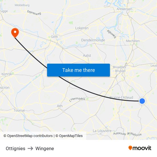 Ottignies to Wingene map