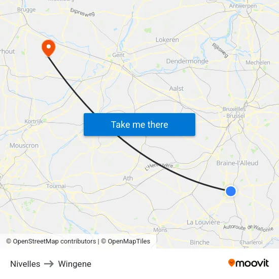 Nivelles to Wingene map