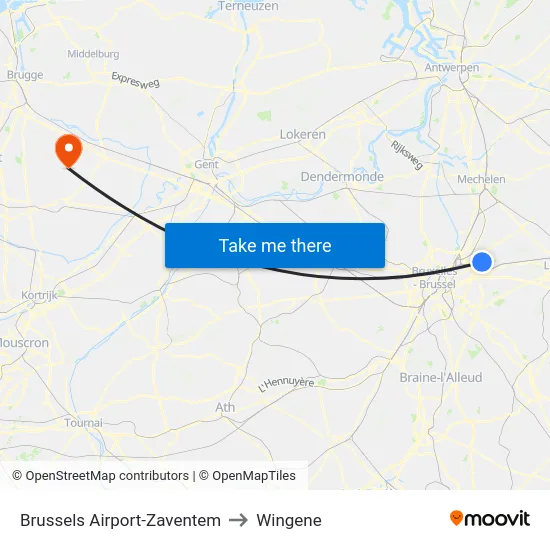 Brussels Airport-Zaventem to Wingene map
