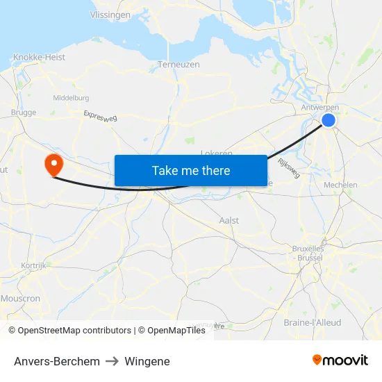 Anvers-Berchem to Wingene map