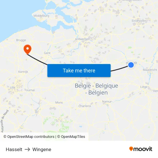 Hasselt to Wingene map