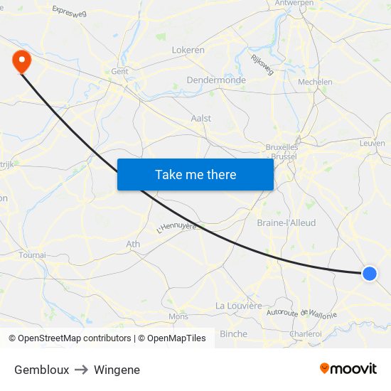 Gembloux to Wingene map
