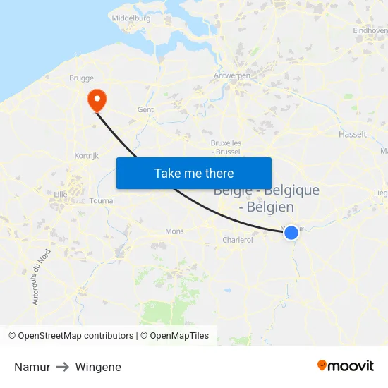 Namur to Wingene map