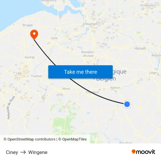 Ciney to Wingene map