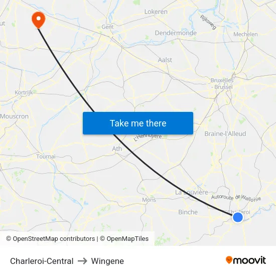 Charleroi-Central to Wingene map