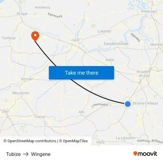 Tubize to Wingene map