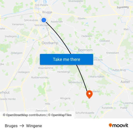 Bruges to Wingene map