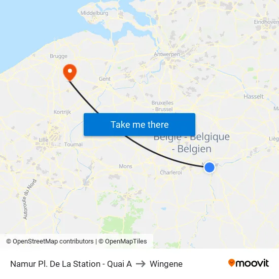Namur Pl. De La Station - Quai A to Wingene map